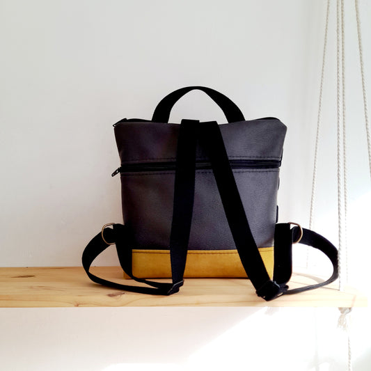 Mochila cuadrada de Círculos grandes, mostaza y gris